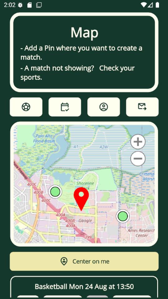 The match map: pins mark the open matches around your position, above a “Center on me” button.