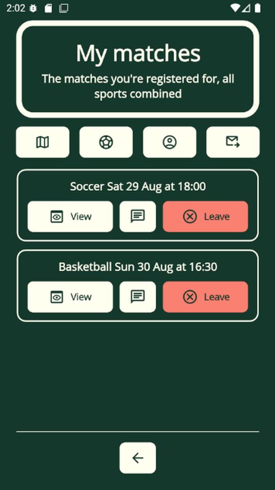 The “My matches” screen: two joined matches, one soccer and one basketball, each with its View, Chat and Leave buttons.