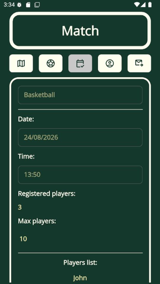 A basketball match’s details: its date, its time, the number of players signed up out of the maximum, then the list of players.