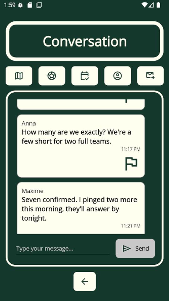 A match’s chat: two messages exchanged, each bubble carrying its author’s name and the time it was sent.