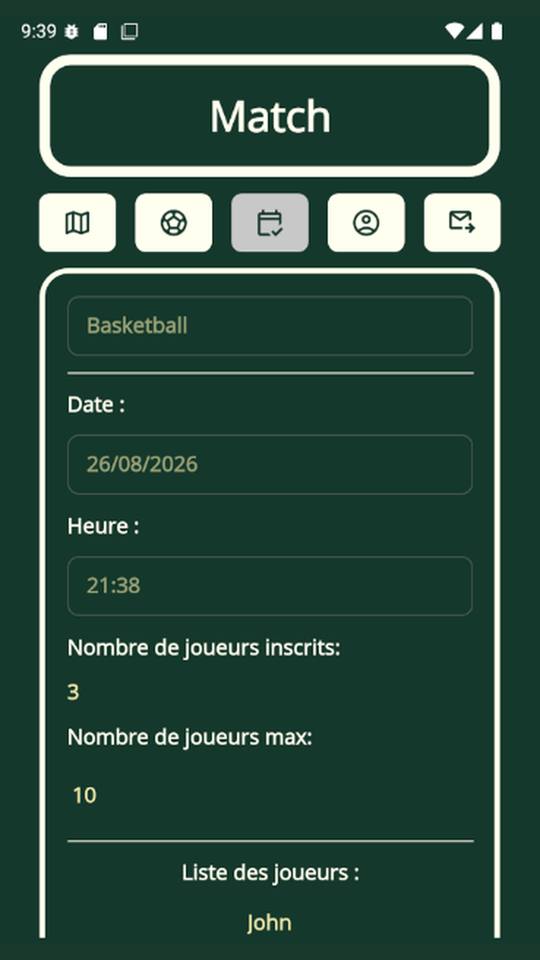 Le détail d’un match de basketball : sa date, son heure, le nombre de joueurs inscrits sur le nombre maximum, puis la liste des joueurs.