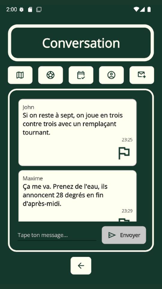 La conversation d’un match : deux messages échangés, chaque bulle portant le nom de son auteur et son heure d’envoi.
